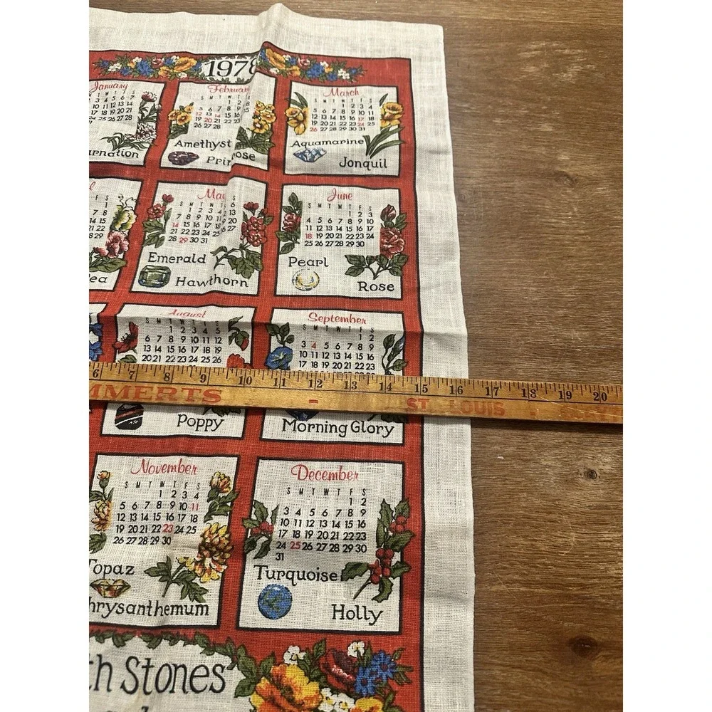 Vintage 1978 Printed Cloth Hanging Wall Calendar Tea Towel Birthstones & Flowers